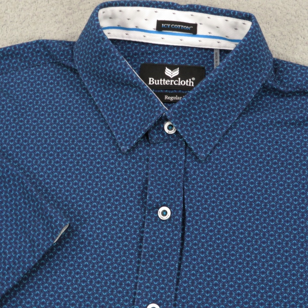 Buttercloth Shirt XL Mens Icy Cotton Blue Short Sleeve Button Up Geometric